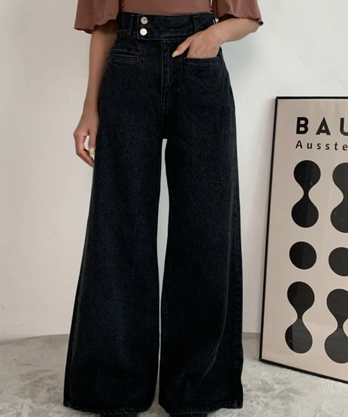 LAFFMO（ラフモ）の「ハイウエストワイドフレアデニムパンツ（デニムパンツ・レディース・ブラック/ブルー・S/M/L）」の7枚目の写真