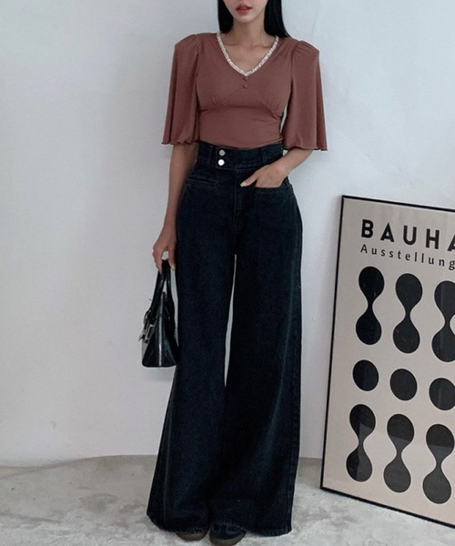 LAFFMO（ラフモ）の「ハイウエストワイドフレアデニムパンツ（デニムパンツ・レディース・ブラック/ブルー・S/M/L）」の8枚目の写真