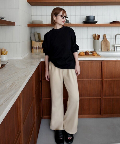 yuri.さんコラボ ]ミンク風裏起毛刺繍入りリブスウェットパンツ