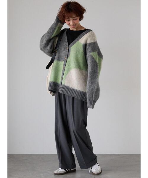 Lugnoncure(ルノンキュール)の「起毛ジャカードパッチワーク風Vネックカーディガン(カーディガン/ボレロ・レディース・グリーン/ネイビー/ブルー・F)」の7枚目の写真