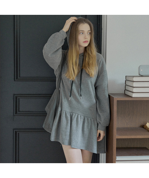 Hooded Frill Mini Dress - CHARCOAL