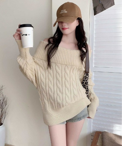 Cygne オフショルダー グレー ニットトップス 半袖ニットオフショル