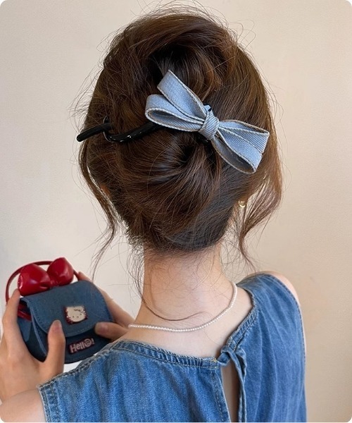 韓国トレンド】 ソフトデニムリボンヘアアクセ（バレッタ/ヘアクリップ