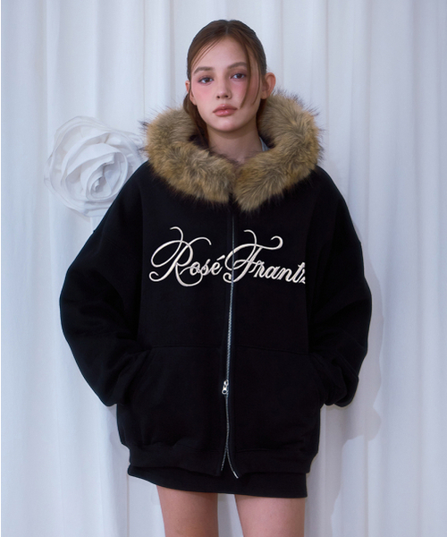 セール】Fur Overfit Lettering Hood Zip-up [Black]（パーカー