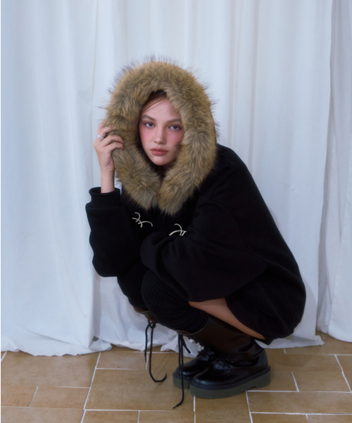 セール】Fur Overfit Lettering Hood Zip-up [Black]（パーカー