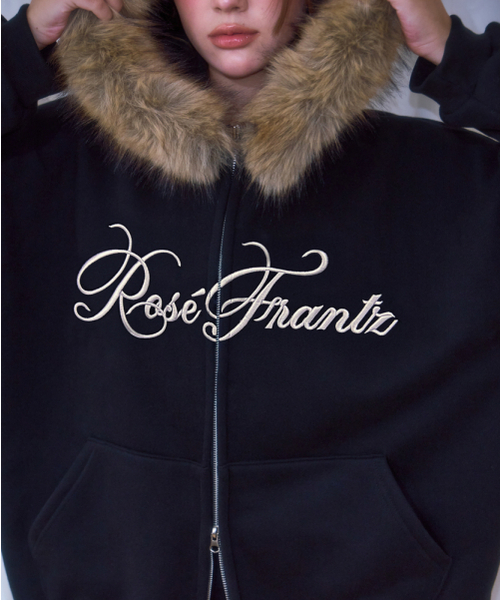 セール】Fur Overfit Lettering Hood Zip-up [Black]（パーカー