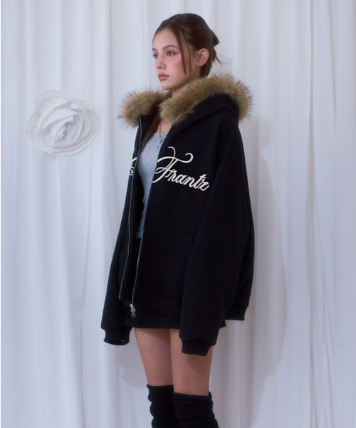 トップス rosefrantz Fur Overfit Hood Zip-up セール】Fur Overfit Lettering Hood Zip-up [Black]（パーカー