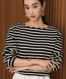 スカラップネック ボーダーカットソー 長袖 きれいめ