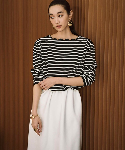 ELFRANK（エルフランク）の「【2026SS】スカラップネック ボーダーカットソー 長袖 きれいめ（Tシャツ/カットソー・レディース・ネイビー×ホワイト/ブラック×ホワイト/ホワイト×ブラック・M/L）」の4枚目の写真