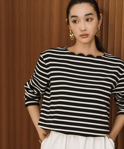 ELFRANK（エルフランク）の「【2026SS】スカラップネック ボーダーカットソー 長袖 きれいめ（Tシャツ/カットソー・レディース・ネイビー×ホワイト/ブラック×ホワイト/ホワイト×ブラック・M/L）」の6枚目の写真