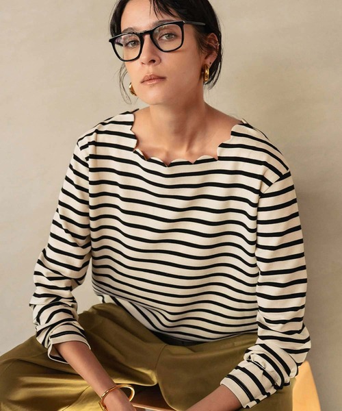 ELFRANK（エルフランク）の「【2026SS】スカラップネック ボーダーカットソー 長袖 きれいめ（Tシャツ/カットソー・レディース・ネイビー×ホワイト/ブラック×ホワイト/ホワイト×ブラック・M/L）」の14枚目の写真