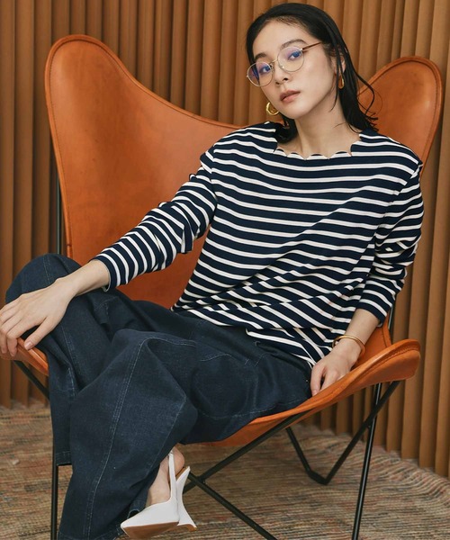 ELFRANK（エルフランク）の「【2026SS】スカラップネック ボーダーカットソー 長袖 きれいめ（Tシャツ/カットソー・レディース・ネイビー×ホワイト/ブラック×ホワイト/ホワイト×ブラック・M/L）」の17枚目の写真