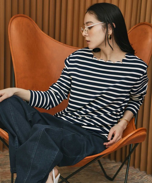 chestyスカラップボーダーカットソー セール】 裾スカラップボーダー 長袖 Tシャツ （カットソー）｜ANY