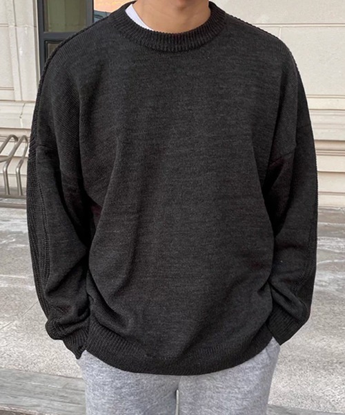 NOWLE（ノウル）の「【NOWLE】袖リブ切り替え 畦編みスリーブ クルーネックニット（ニット/セーター・メンズ・ブラック・LARGE/MEDIUM）」の9枚目の写真