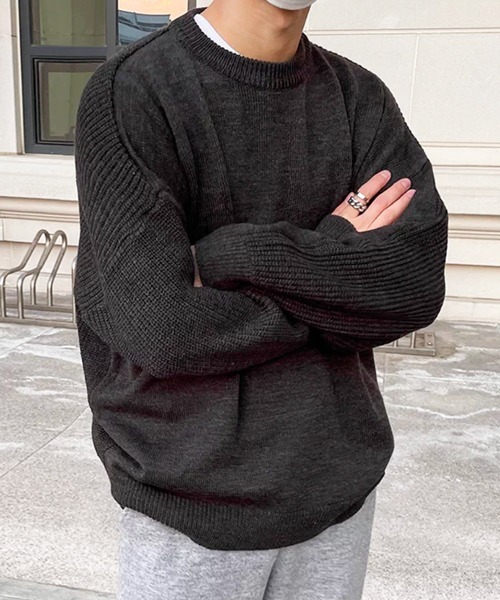 NOWLE（ノウル）の「【NOWLE】袖リブ切り替え 畦編みスリーブ クルーネックニット（ニット/セーター・メンズ・ブラック・LARGE/MEDIUM）」の11枚目の写真