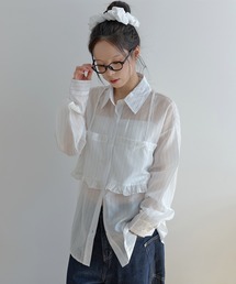 【好みで選べる無地&ストライプ生地展開】【ウエストストリングで体系によってシルエット調節可能】シースルーレイヤードビスチェオーバーサイズブラウスシャツ