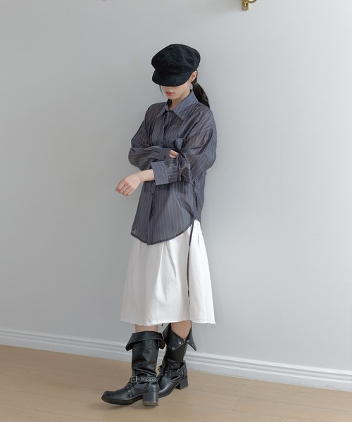 UNE MANSION(ユヌマンション)の「【好みで選べる無地&ストライプ生地展開】【ウエストストリングで体系によってシルエット調節可能】シースルーレイヤードビスチェオーバーサイズブラウスシャツ(シャツ/ブラウス・レディース・ホワイト/チャコール/ネイビー/ブルー・FREE)」の22枚目の写真