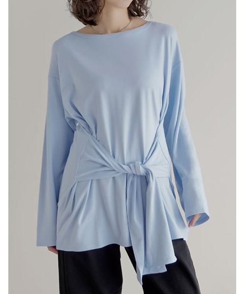 Re:EDIT（リエディ）の「[2026S/S COLLECTION]アンチピリングウエストリボンチュニックトップス（Tシャツ/カットソー・レディース・杢グレー/ブラウン/ライトブルー/アイボリー/ブラック・LARGE/MEDIUM）」の5枚目の写真