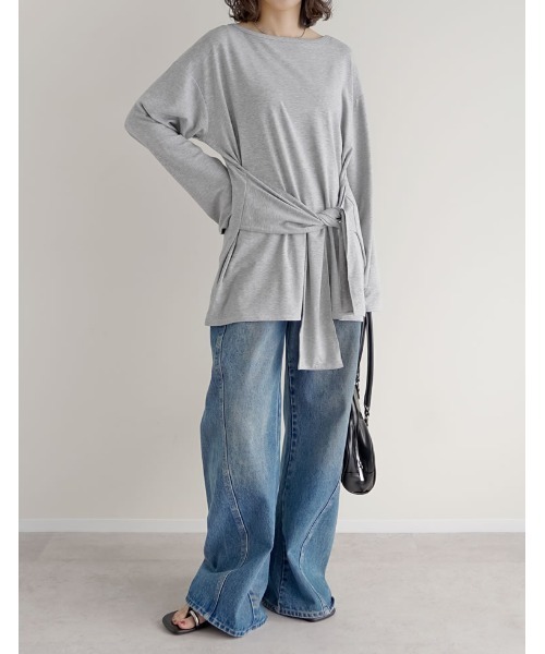 Re:EDIT（リエディ）の「[2026S/S COLLECTION]アンチピリングウエストリボンチュニックトップス（Tシャツ/カットソー・レディース・杢グレー/ブラウン/ライトブルー/アイボリー/ブラック・LARGE/MEDIUM）」の10枚目の写真