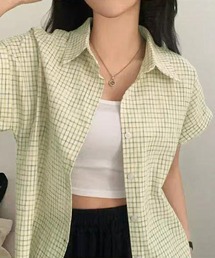 チェック柄フレンチスリーブブラウス