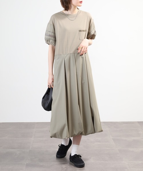 EGLANTINE(エグランティーヌ)の「EGLANTINE 素材切替ワンピース 半袖(ワンピース・レディース・ブラック/モスグリーン/ダークグリーン・40)」の9枚目の写真