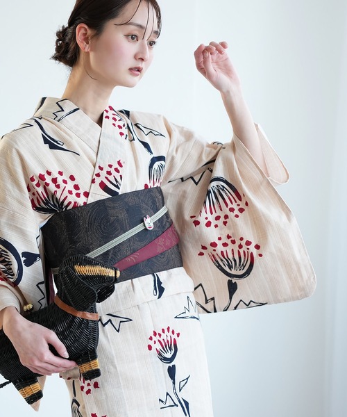 手染め注染浴衣3点セット utatane×注染工房 赤坂紬 先染めベージュに黒