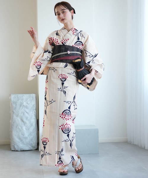 手染め注染浴衣3点セット utatane×注染工房 赤坂紬 先染めベージュに黒