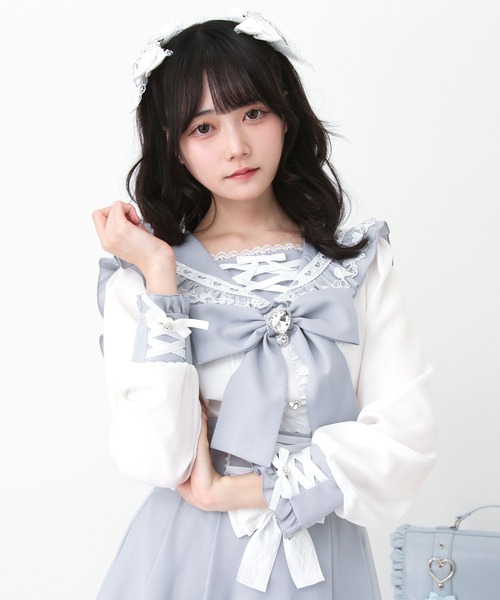DearMyLove(ディアマイラブ)の「レースアップはしごレースセーラーブラウス(シャツ/ブラウス・レディース・ブラック/ホワイト/ブルーグレー・LARGE/3L/MEDIUM)」の3枚目の写真