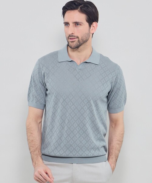 MACKINTOSH LONDON（マッキントッシュ ロンドン）の「ランダムアイレットスキッパーニットポロ（ポロシャツ・メンズ・ライトブルー/ブラック・XL/L/M）」の2枚目の写真