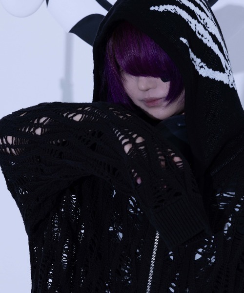 Gamchu(ガムチュ)の「『Gamchu/ガムチュ』Lurori (ルロリ)あみあみニットPK(パーカー・レディース・ブラック/グレー・FREE)」の9枚目の写真