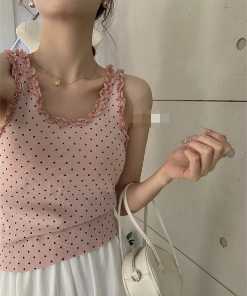 Ritzy(リッツィー)の「レースフリル襟 水玉ドットリブキャミソール(タンクトップ・レディース・ピンク/レッド/ホワイト/ブラック/グレー・FREE)」の22枚目の写真