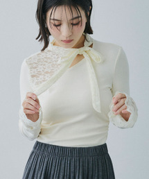 レースリボンタイアシンメトリーハイネックトップス / Lace Ribbon Tie Asymmetry High Neck Top