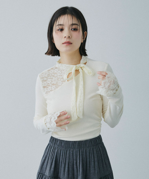 Mirette（ミレット）の「レースリボンタイアシンメトリーハイネックトップス / Lace Ribbon Tie Asymmetry High Neck Top（Tシャツ/カットソー・レディース・ナチュラル・SMALL/MEDIUM/LARGE）」の15枚目の写真