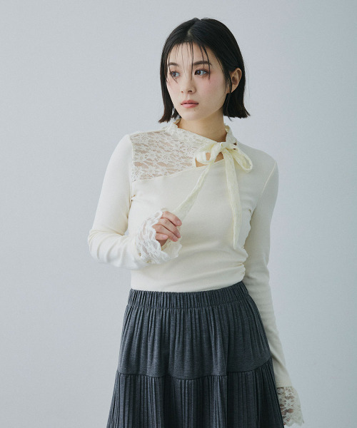 Mirette（ミレット）の「レースリボンタイアシンメトリーハイネックトップス / Lace Ribbon Tie Asymmetry High Neck Top（Tシャツ/カットソー・レディース・ナチュラル・SMALL/MEDIUM/LARGE）」の14枚目の写真