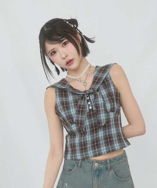 [возможно поднять воротник] sailor collar клетчатая блузка / Sailor Collar Check Blouse