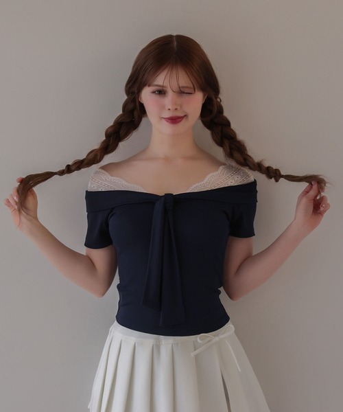 M DOLLY(エムドリー)の「Lace colette bowtie ribbon tops/レースコレット ボウタイリボントップス(Tシャツ/カットソー・レディース・ピンク/ネイビー・FREE)」の3枚目の写真