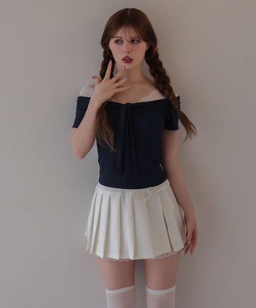 M DOLLY(エムドリー)の「Lace colette bowtie ribbon tops/レースコレット ボウタイリボントップス(Tシャツ/カットソー・レディース・ピンク/ネイビー・FREE)」の4枚目の写真