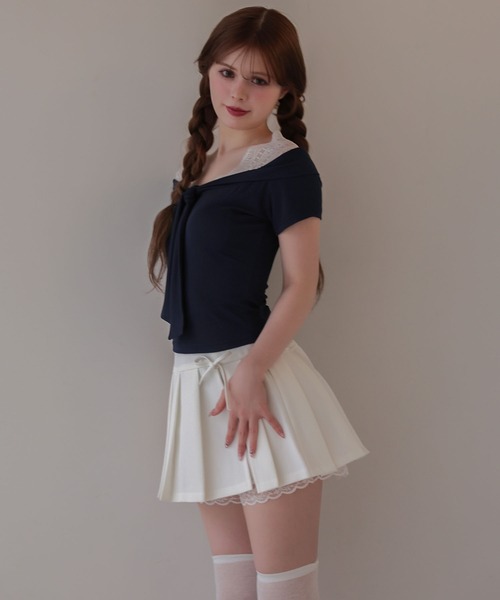 M DOLLY(エムドリー)の「Lace colette bowtie ribbon tops/レースコレット ボウタイリボントップス(Tシャツ/カットソー・レディース・ピンク/ネイビー・FREE)」の5枚目の写真
