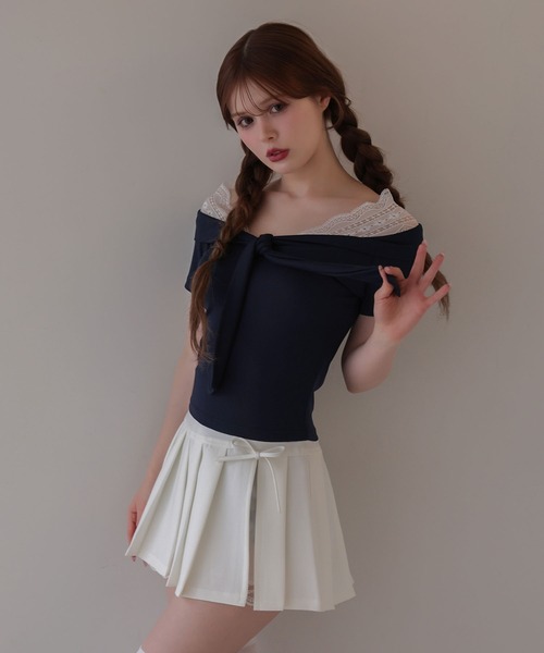M DOLLY(エムドリー)の「Lace colette bowtie ribbon tops/レースコレット ボウタイリボントップス(Tシャツ/カットソー・レディース・ピンク/ネイビー・FREE)」の6枚目の写真