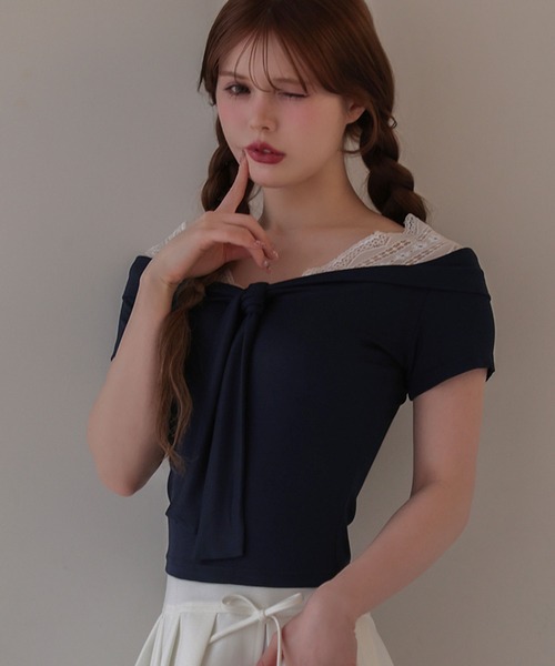 M DOLLY(エムドリー)の「Lace colette bowtie ribbon tops/レースコレット ボウタイリボントップス(Tシャツ/カットソー・レディース・ピンク/ネイビー・FREE)」の7枚目の写真