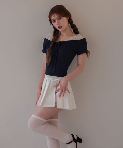 M DOLLY(エムドリー)の「Lace colette bowtie ribbon tops/レースコレット ボウタイリボントップス(Tシャツ/カットソー・レディース・ピンク/ネイビー・FREE)」の8枚目の写真