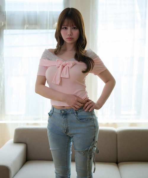 M DOLLY(エムドリー)の「Lace colette bowtie ribbon tops/レースコレット ボウタイリボントップス(Tシャツ/カットソー・レディース・ピンク/ネイビー・FREE)」の12枚目の写真