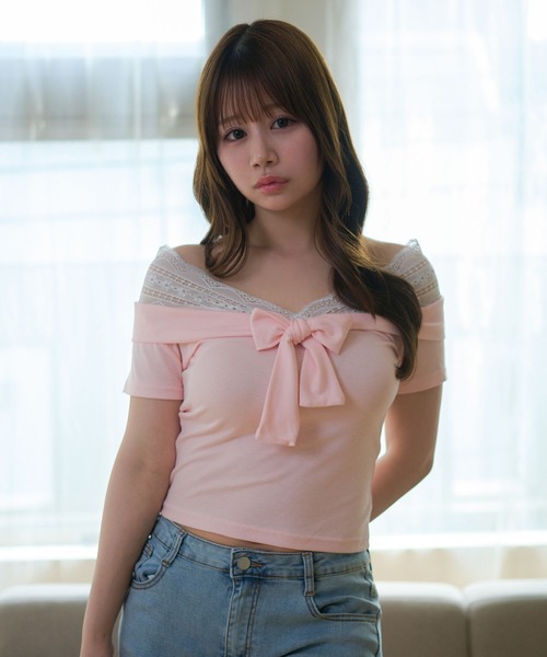 M DOLLY(エムドリー)の「Lace colette bowtie ribbon tops/レースコレット ボウタイリボントップス(Tシャツ/カットソー・レディース・ピンク/ネイビー・FREE)」の13枚目の写真