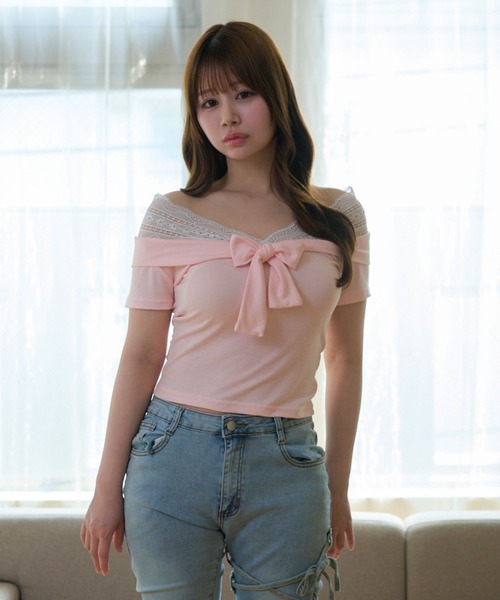 M DOLLY(エムドリー)の「Lace colette bowtie ribbon tops/レースコレット ボウタイリボントップス(Tシャツ/カットソー・レディース・ピンク/ネイビー・FREE)」の14枚目の写真
