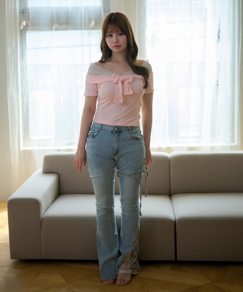 M DOLLY(エムドリー)の「Lace colette bowtie ribbon tops/レースコレット ボウタイリボントップス(Tシャツ/カットソー・レディース・ピンク/ネイビー・FREE)」の16枚目の写真