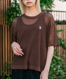 【U.S. POLO ASSN./ユーエスポロアッスン】【とろみ素材 蒸れにくくさらさら】透かし編みニットTシャツ 透け感 涼しい サマーニット 高見え 上品