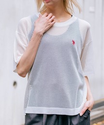【U.S. POLO ASSN./ユーエスポロアッスン】【とろみ素材 蒸れにくくさらさら】透かし編みニットTシャツ 透け感 涼しい サマーニット 高見え 上品