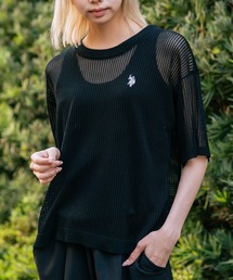 【U.S. POLO ASSN./ユーエスポロアッスン】【とろみ素材 蒸れにくくさらさら】透かし編みニットTシャツ 透け感 涼しい サマーニット 高見え 上品
