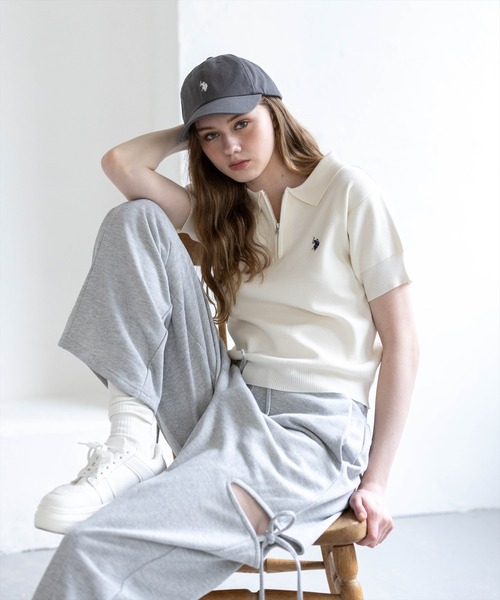 U.S. POLO ASSN.(ユーエスポロアッスン)の「【U.S. POLO ASSN.】clear 別注 ハーフジップ半袖ニットトップス(ニット/セーター・レディース・ブラック/アイボリー/グレー・F)」の2枚目の写真