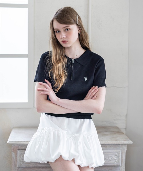 U.S. POLO ASSN.(ユーエスポロアッスン)の「【U.S. POLO ASSN.】clear 別注 ハーフジップ半袖ニットトップス(ニット/セーター・レディース・ブラック/アイボリー/グレー・F)」の3枚目の写真